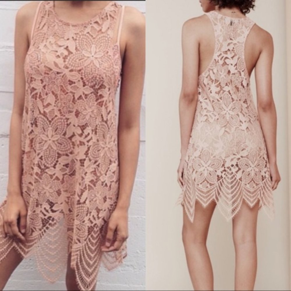 Revolve S For Love & Lemons Lace Coverup Mini Dress Short Pink Sheer Crochet FLL